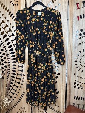 CAbi Black Wrap Midi Dress with Orange Floral Print